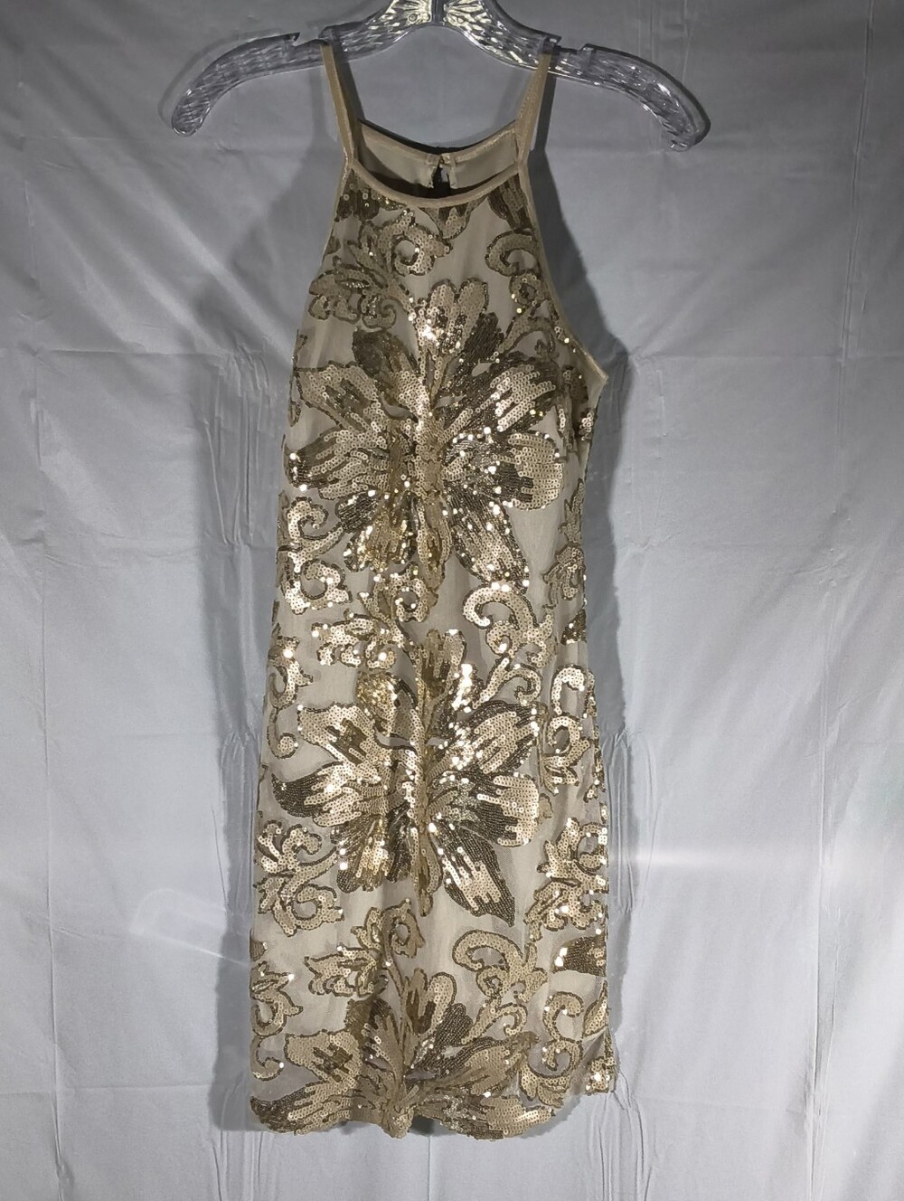 NWT Crystal Doll Champagne Floral Sequin Halter Party Dress